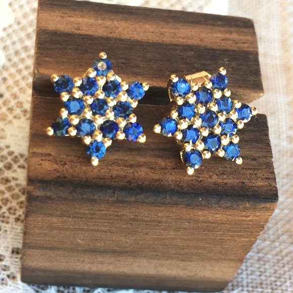 Natural Sapphire Earrings Star Of David 9K Yellow Gold Studs Australian Gems - Picture 14 of 15